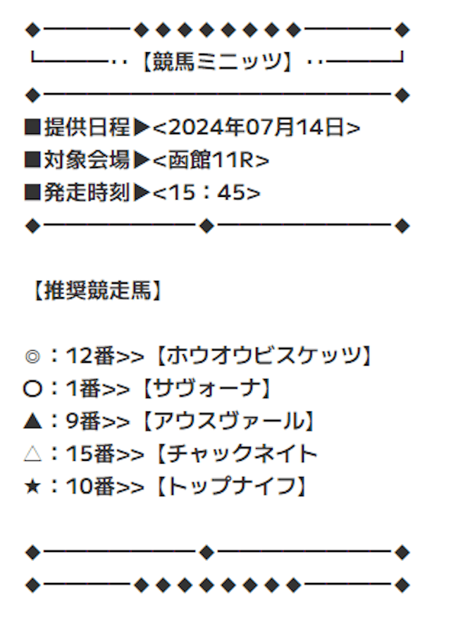 競馬ミニッツ2024年7月14日函館記念無料予想