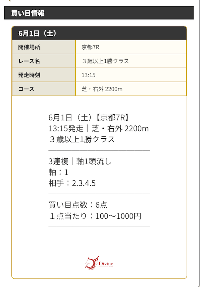 ディバイン2024年6月1日京都7R無料予想