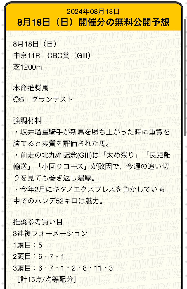 うああど2024年8月18日中京11R無料予想