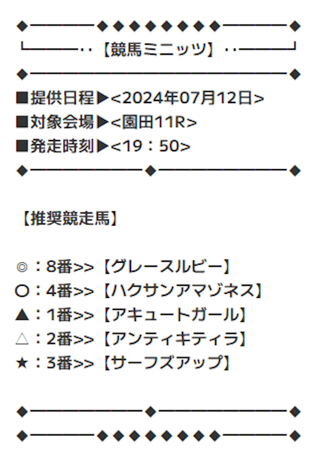 競馬ミニッツ2024年7月12日園田11R無料予想買い目