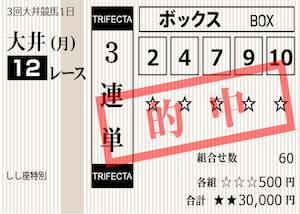 うまスピン2024月5月13日大井12R的中馬券