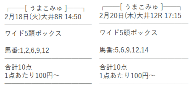 うまこみゅ2月18日と2月20日の無料予想の買い目